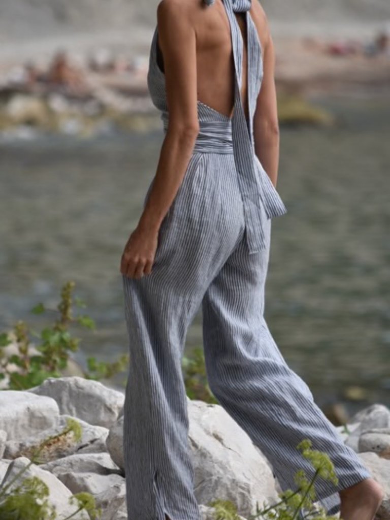 Luxe Provence Linen Jumpsuit In Blue & White Stripes, M, Made In France, Nwot